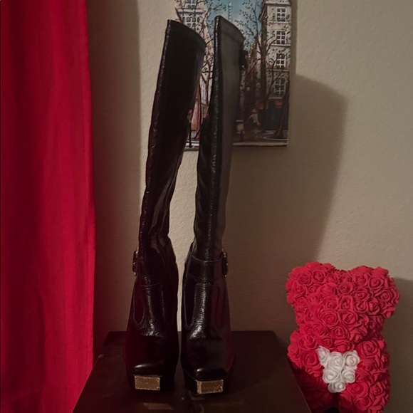 Bebe Glossy Black Heeled Boots size 8 - Picture 2 of 14
